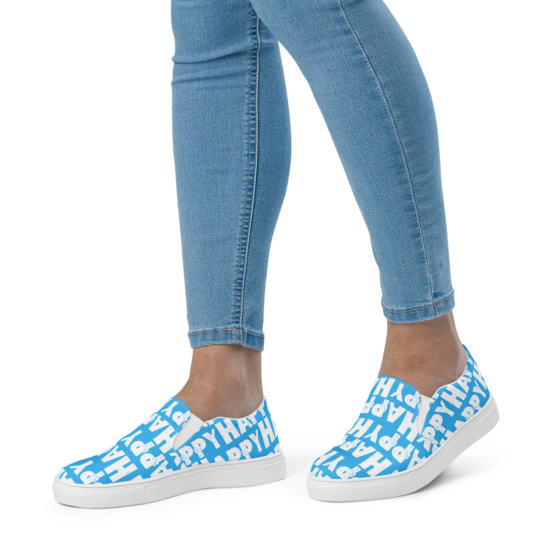 Womans feet walking in Slip on Shoes Happy sponge printed Deck Shoes canvas sneakers blue and white shoes HappyStuff brand