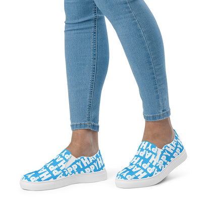 Womans feet walking in Slip on Shoes Happy sponge printed Deck Shoes canvas sneakers blue and white shoes HappyStuff brand