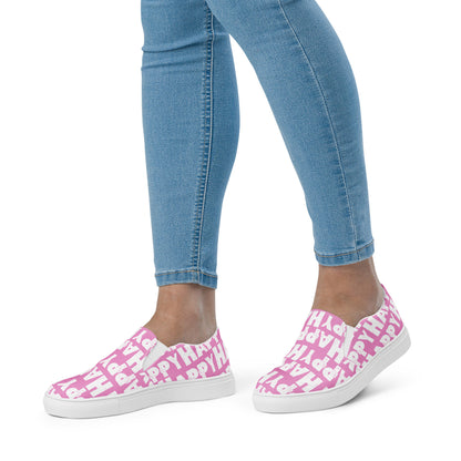 Womans feet walking in Slip on Shoes Happy sponge printed Deck Shoes canvas sneakers pink and white shoes HappyStuff brand