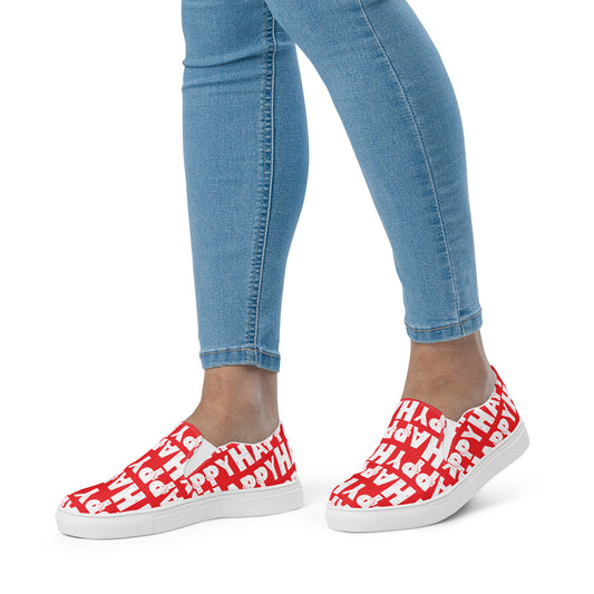 Womans feet walking in Slip on Shoes Happy sponge printed Deck Shoes canvas sneakers red and white shoes HappyStuff brand