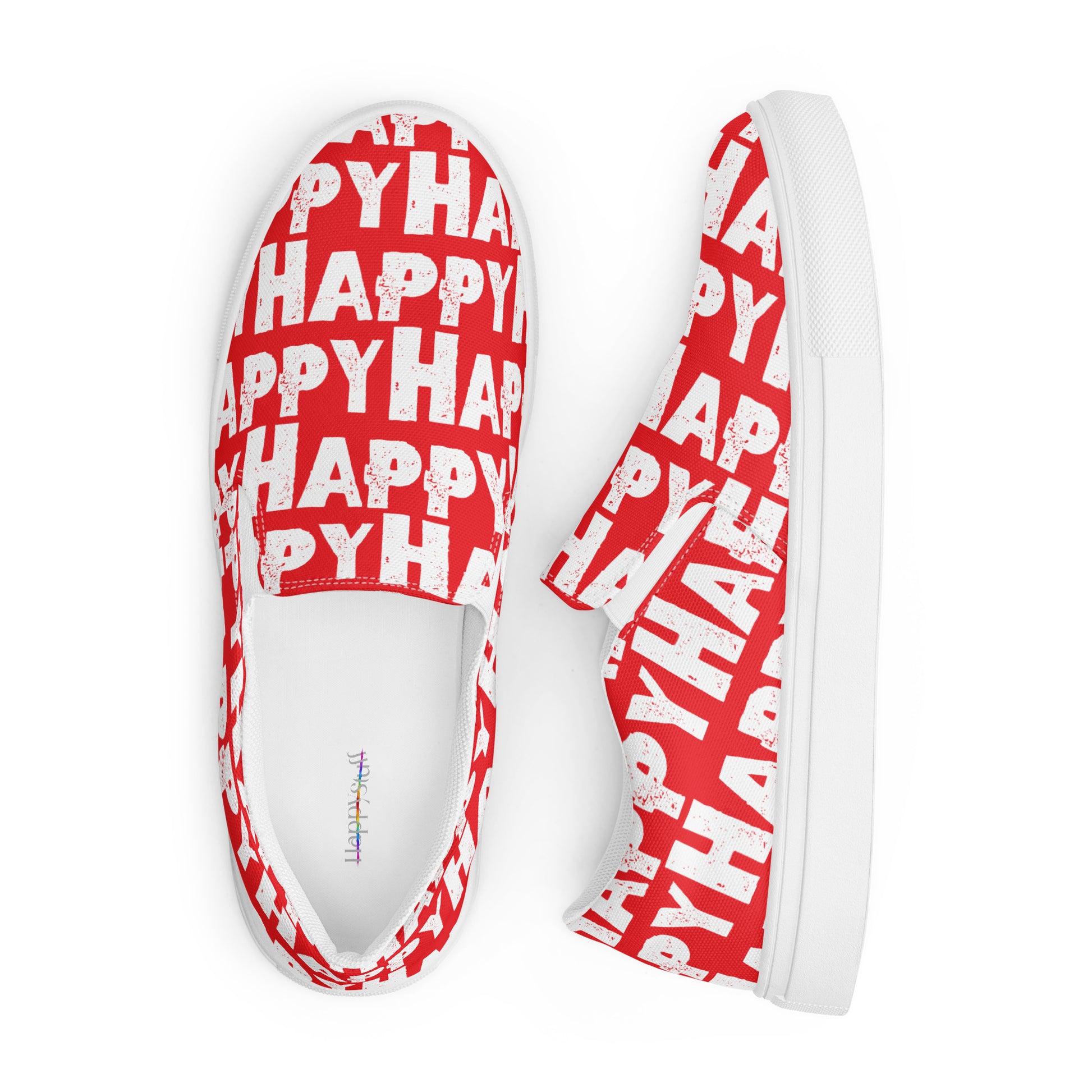 Looking down on Fun Shoes soft insole label view and right side view Womens Sneakers red and white Happy Sponge Print Slip on Shoes HappyStuff brand