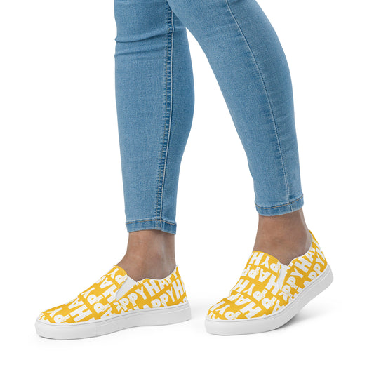 Womans feet walking in Slip on Shoes Happy sponge printed Deck Shoes canvas sneakers yellow and white shoes HappyStuff brand