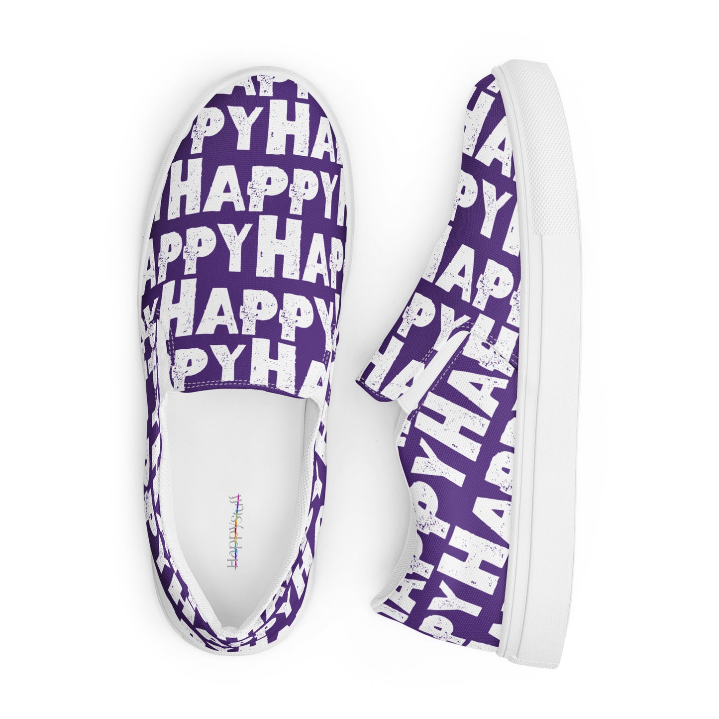 Looking down on Fun Shoes soft insole label view and right side view Womens Sneakers purple and white Happy Sponge Print Slip on Shoes HappyStuff brand