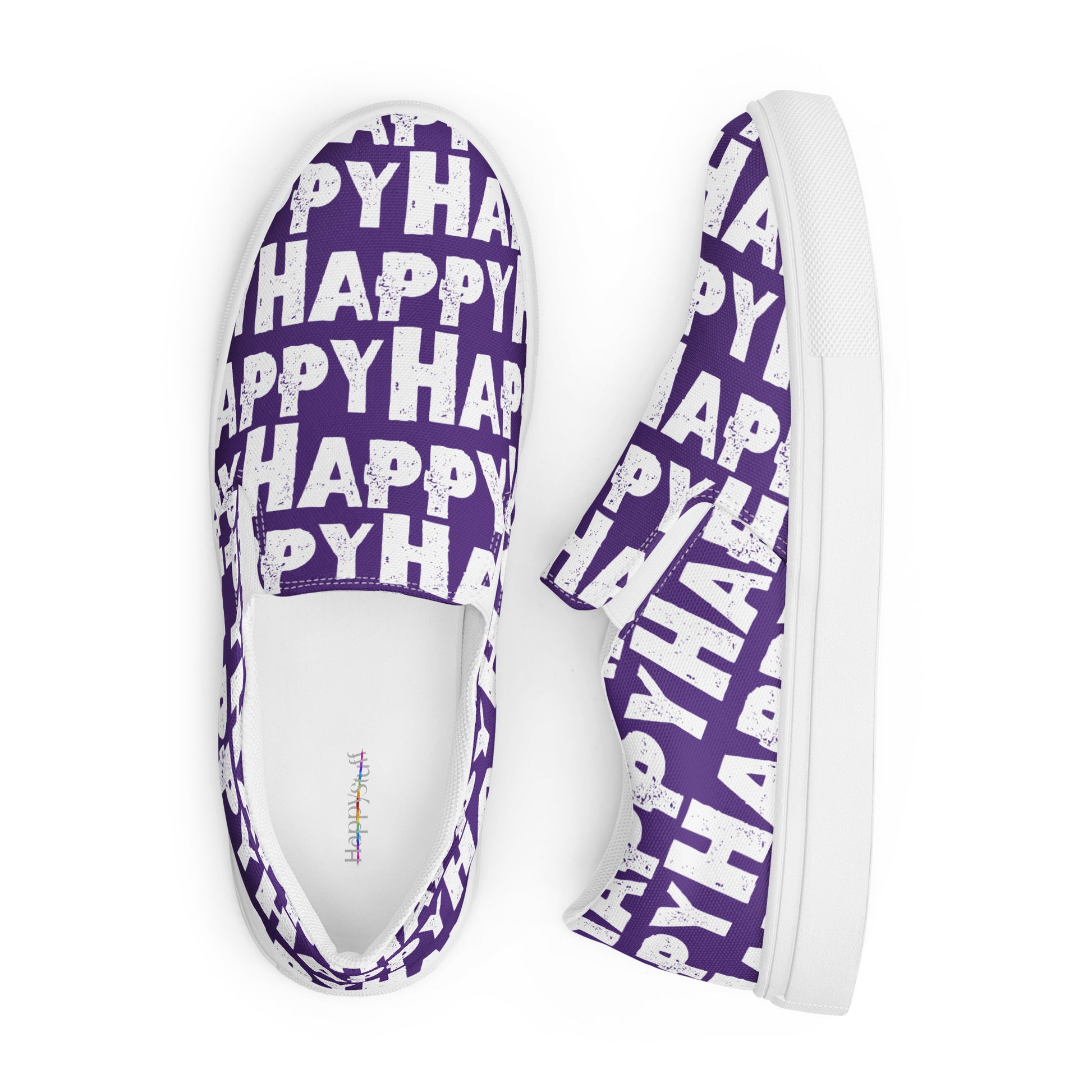 Looking down on Fun Shoes soft insole label view and right side view Womens Sneakers purple and white Happy Sponge Print Slip on Shoes HappyStuff brand