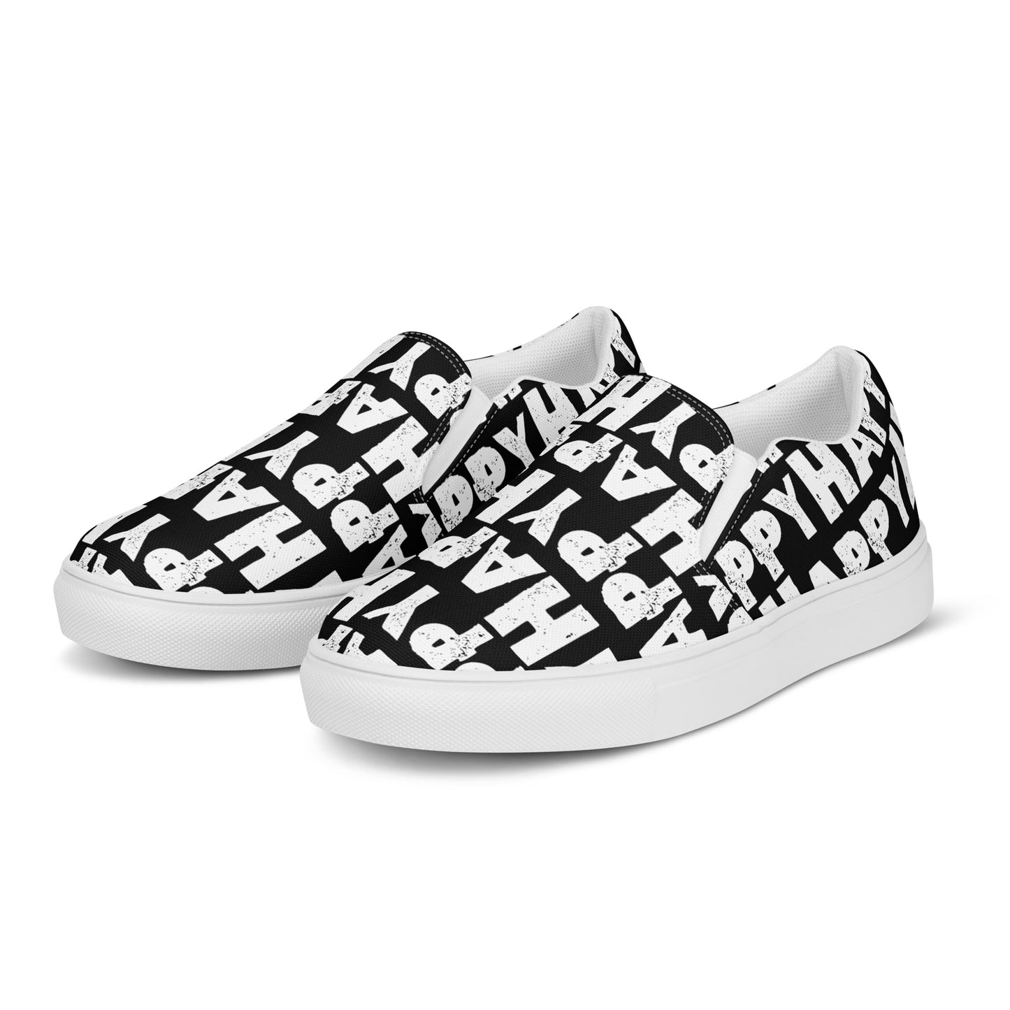 Front left view Womens Sneakers black shoes white Happy Sponge Print Slip on Shoes Rubber outsole HappyStuff brand Deck Shoes