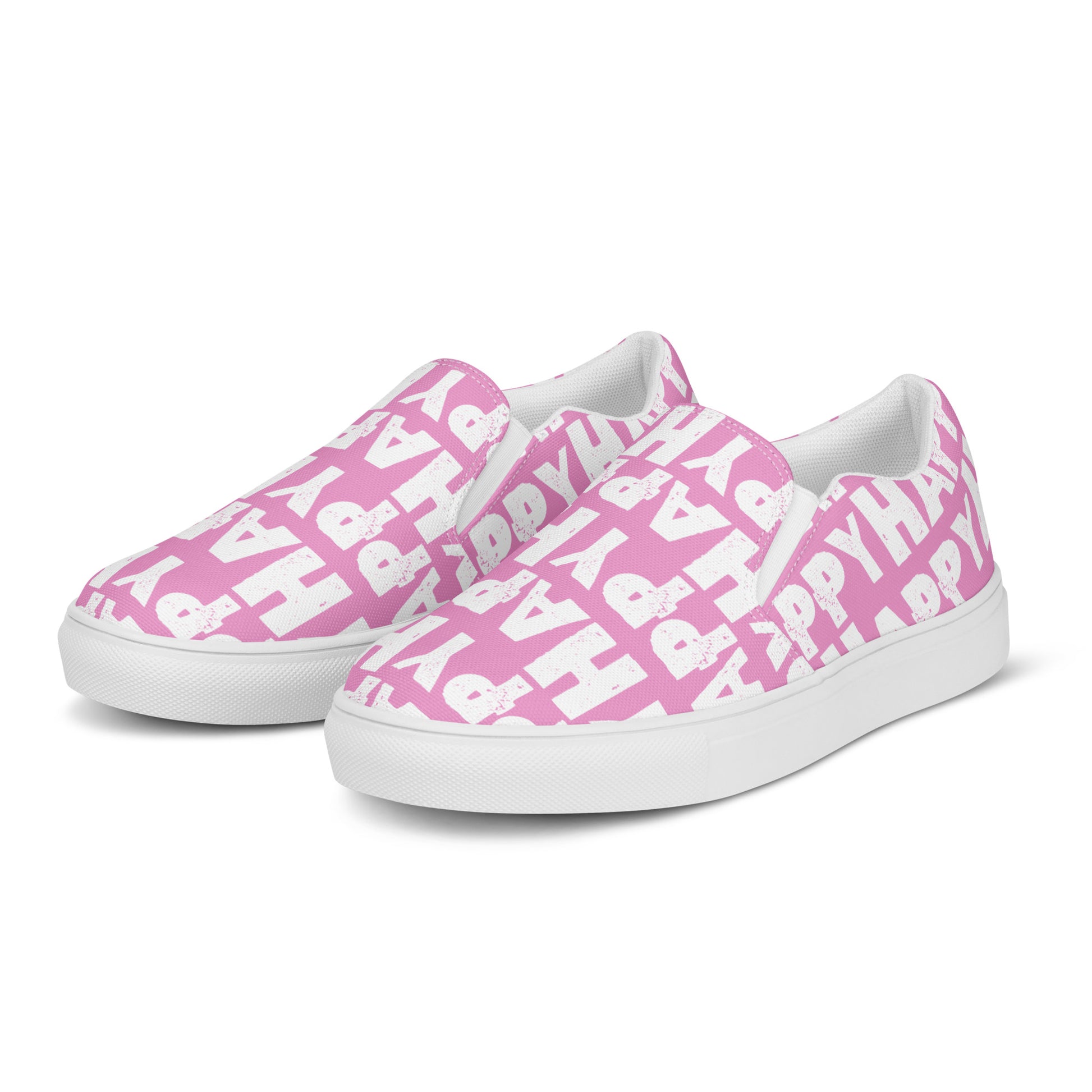 Front left view Womens Sneakers pink shoes white Happy Sponge Print Slip on Shoes Rubber outsole HappyStuff brand Deck Shoes