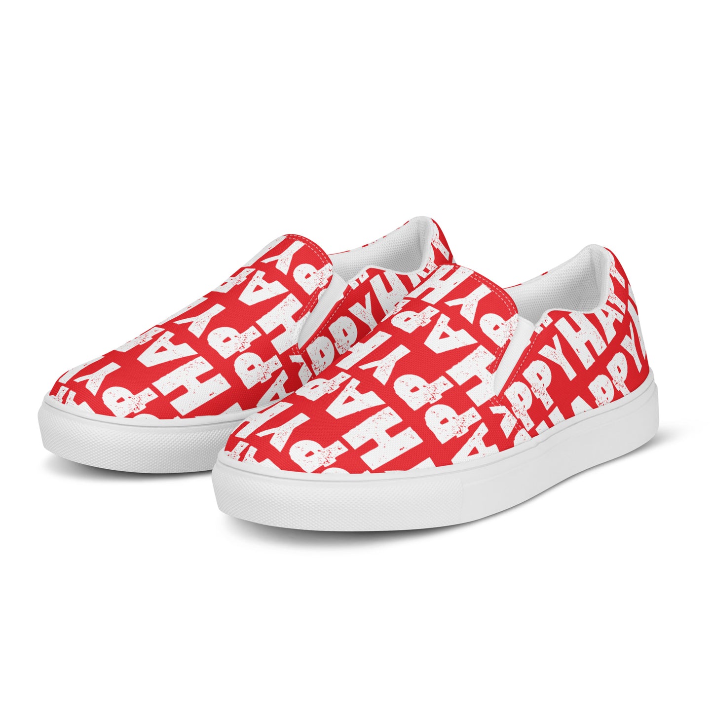 Front left view Womens Sneakers red shoes white Happy Sponge Print Slip on Shoes Rubber outsole HappyStuff brand Deck Shoes