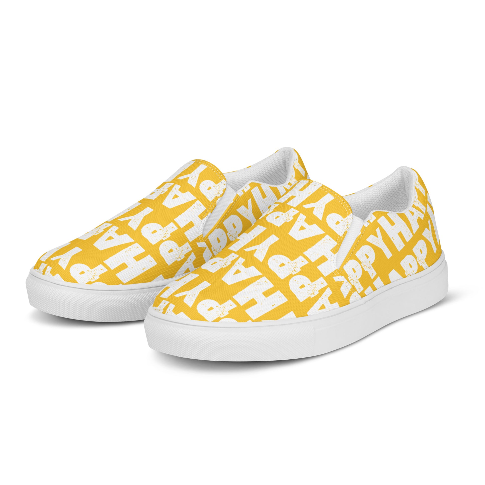 Front left view Womens Sneakers yellow shoes white Happy Sponge Print Slip on Shoes Rubber outsole HappyStuff brand Deck Shoes