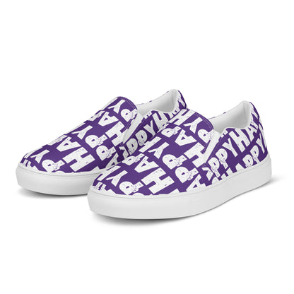 Front left view Womens Sneakers purple shoes white Happy Sponge Print Slip on Shoes Rubber outsole HappyStuff brand Deck Shoes