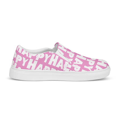 Happy Shoes Womens Slip on Shoes inside view left shoe pink and white Happy Sponge Print Deck Shoes HappyStuff brand