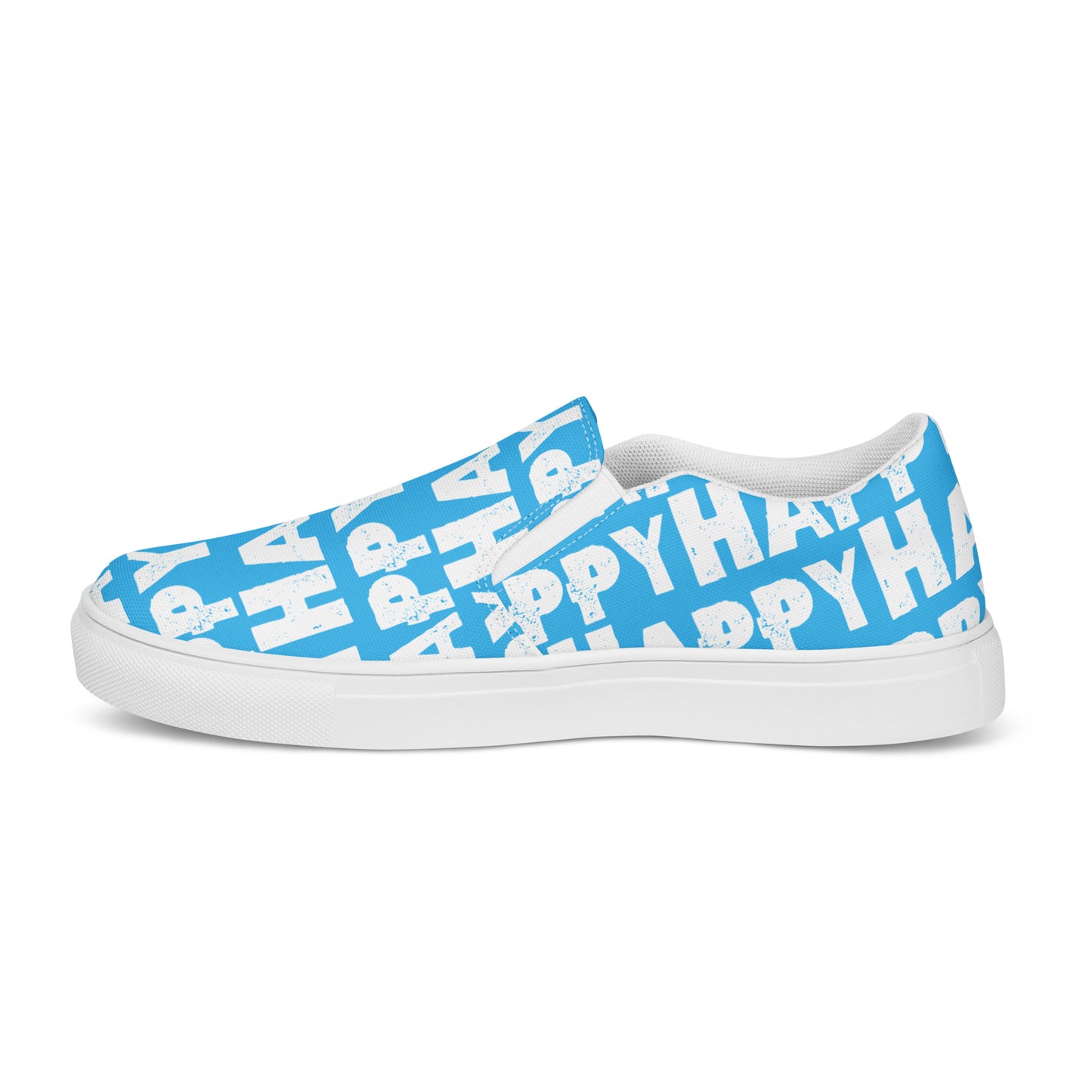 Happy Shoes Womens Slip on Shoes outside view left shoe blue and white Happy Sponge Print Deck Shoes HappyStuff brand