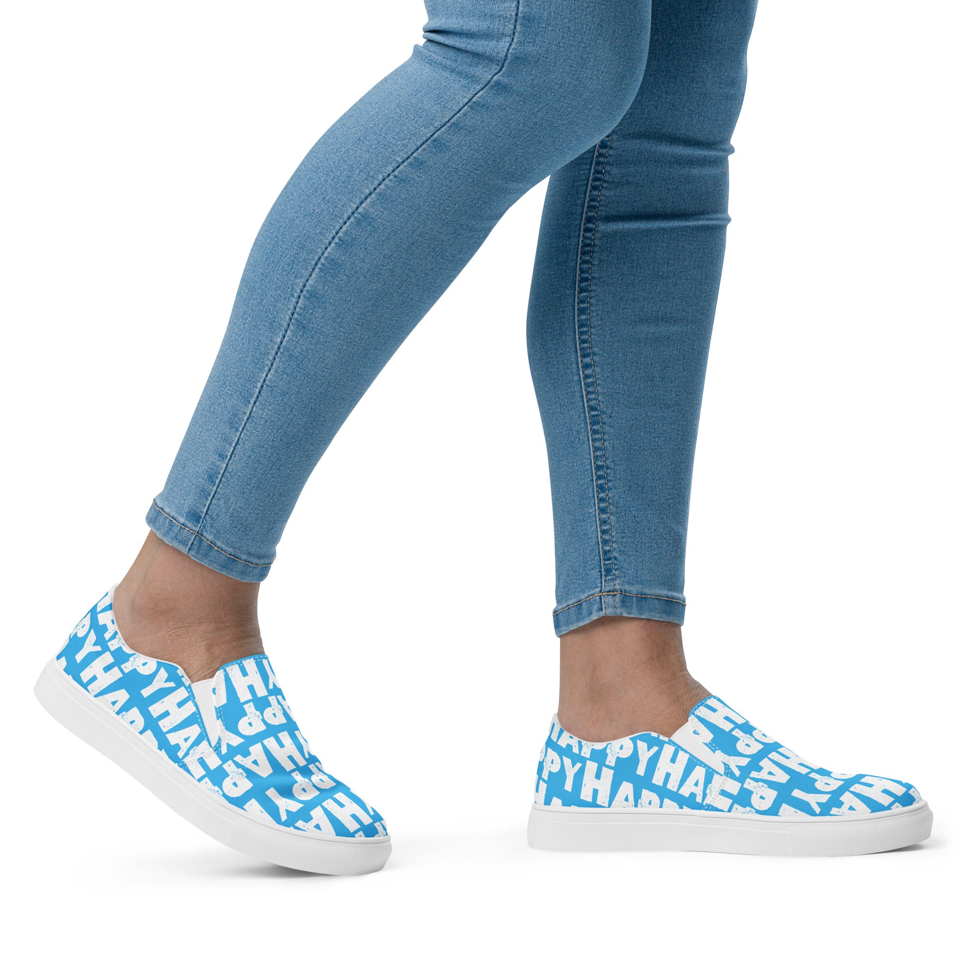 Womans feet walking to the right in Slip on Shoes Happy sponge printed Deck Shoes canvas sneakers blue and white shoes HappyStuff brand