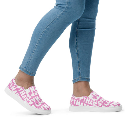 Womans feet walking to the right in Slip on Shoes Happy sponge printed Deck Shoes canvas sneakers pink and white shoes HappyStuff brand