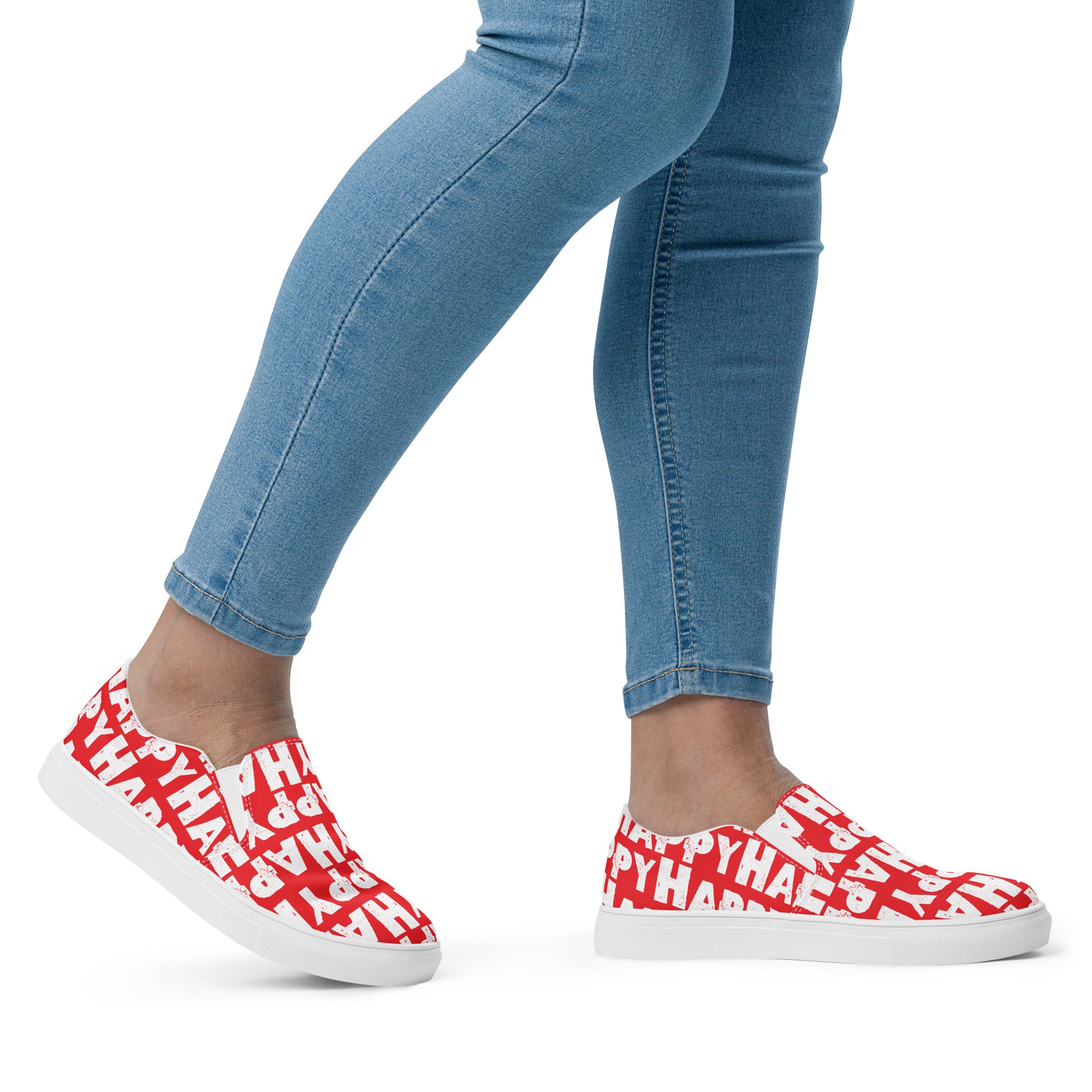 Womans feet walking to the right in Slip on Shoes Happy sponge printed Deck Shoes canvas sneakers red and white shoes HappyStuff brand