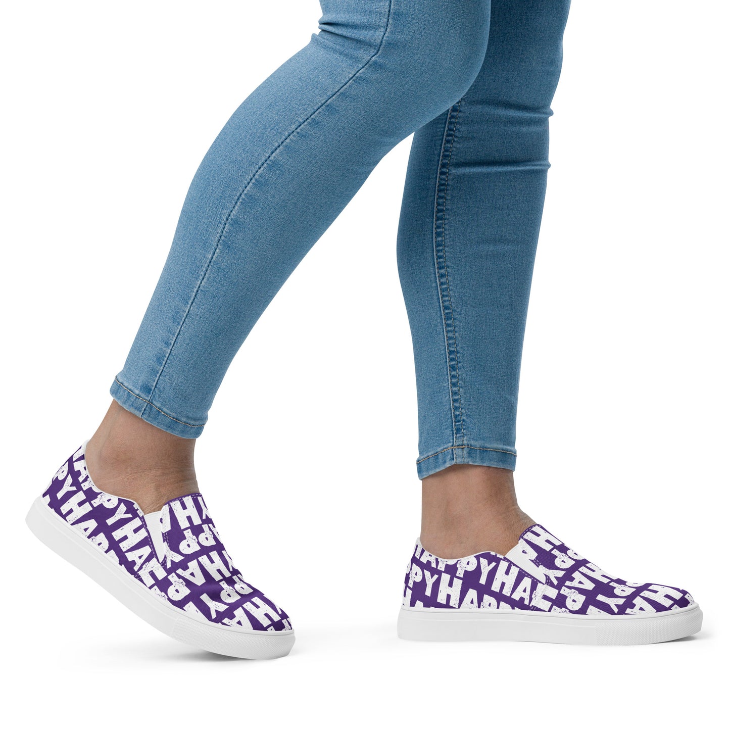 Womans feet walking to the right in Slip on Shoes Happy sponge printed Deck Shoes canvas sneakers purple and white shoes HappyStuff brand