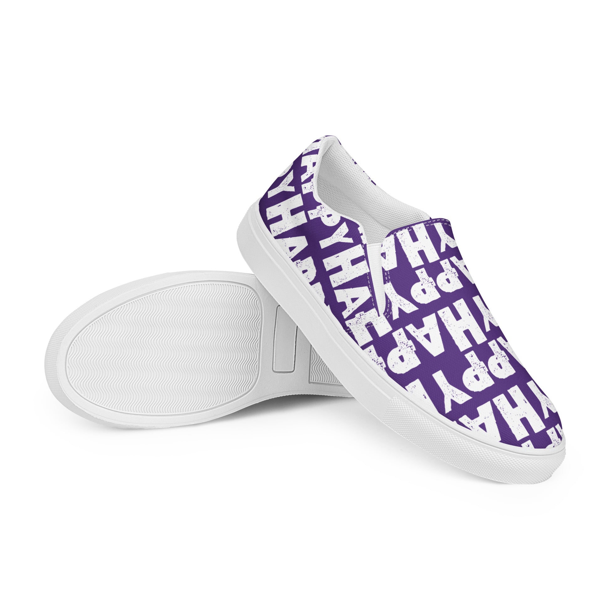 Womens Sneakers purple and white Happy Sponge Print Slip on Shoes EVA Rubber Outsole closeup sole view