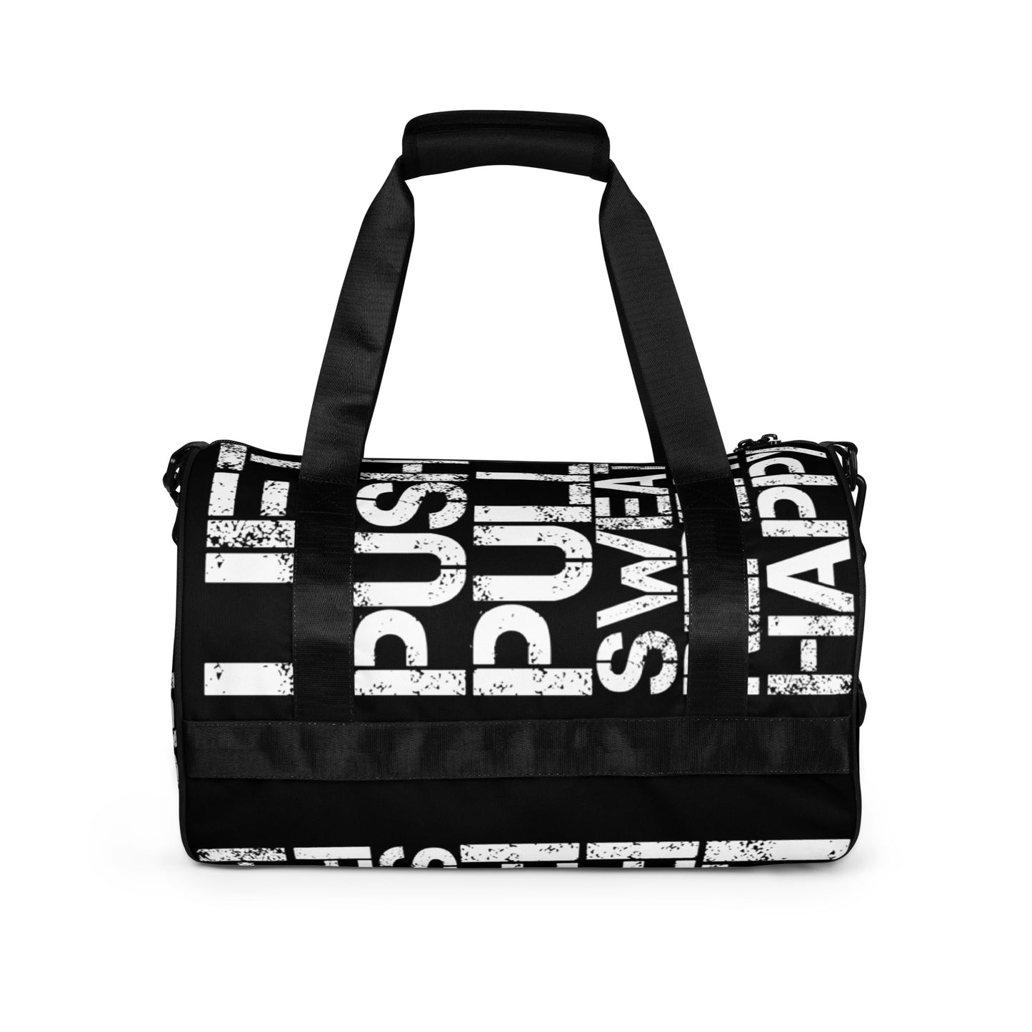 Gym bag black and white all over print Lift Push Pull Sweat Repeat Happy HappyStuff Brand small duffle bag side view padded handles