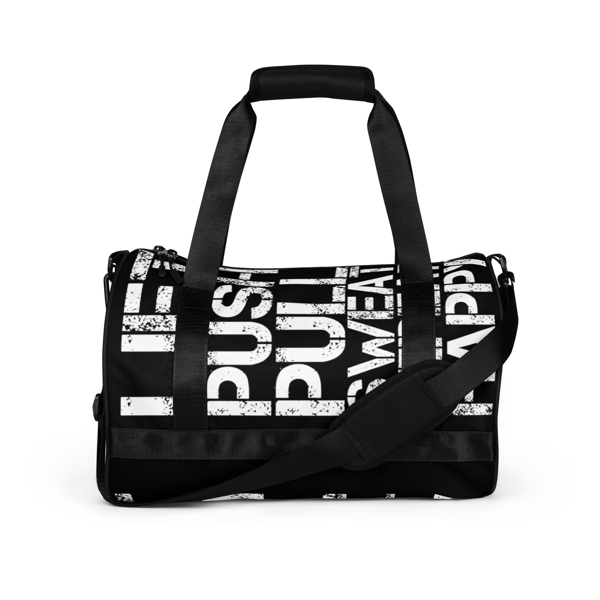 Gym bag black and white all over print Lift Push Pull Sweat Repeat Happy HappyStuff Brand small duffle bag side view showing handles and strap 