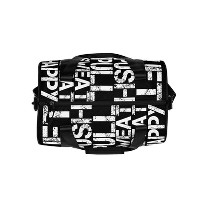 Gym bag overhead view  black and white all over print Lift Push Pull Sweat Repeat Happy small duffle bag HappyStuff Brand 