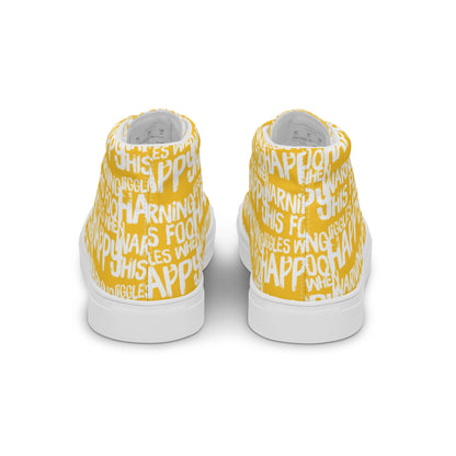 Fun shoes back view HappyStuff yellow high tops with playful white print Warning This Foot Jiggles When Happy mens sneakers