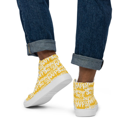 Walking right in mens HappyStuff high tops canvas sneakers edgy print yellow and white shoes Warning This Foot Jiggles When Happy