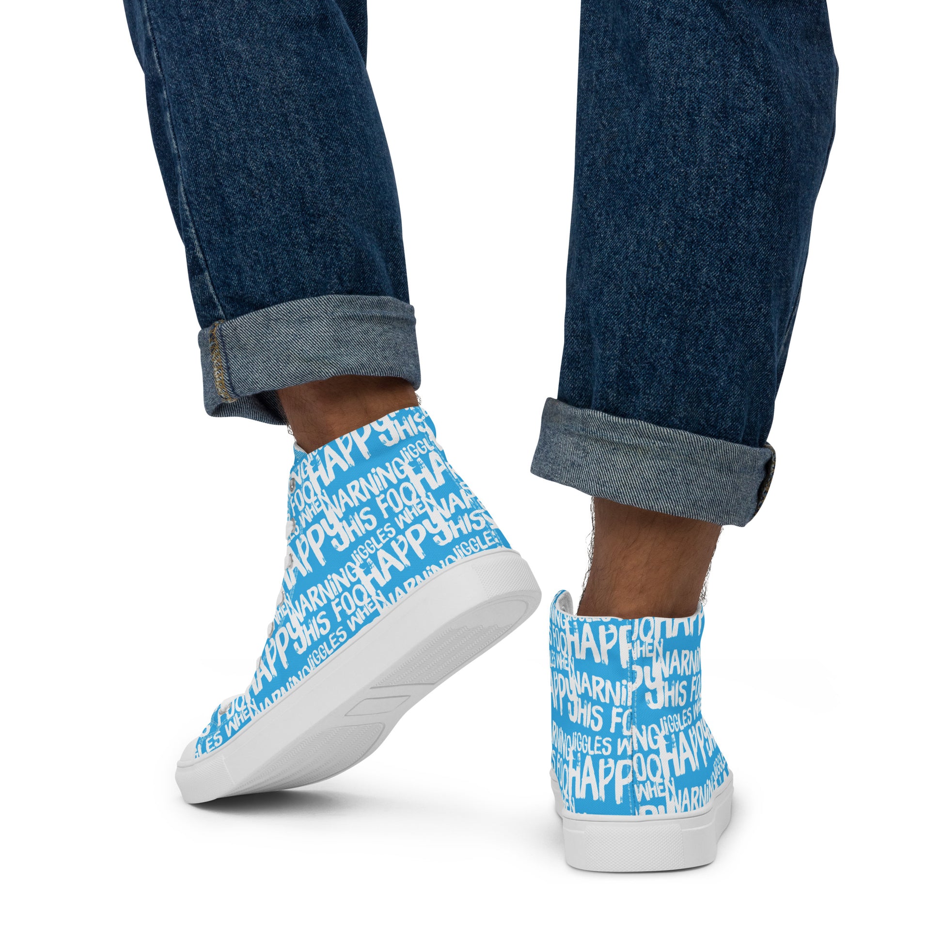 Walking in mens HappyStuff high tops canvas sneakers edgy print blue and white shoes Warning This Foot Jiggles When Happy