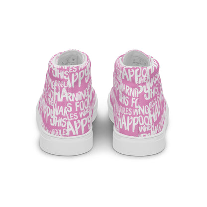 Fun shoes back view HappyStuff pink high tops with playful white print Warning This Foot Jiggles When Happy mens sneakers