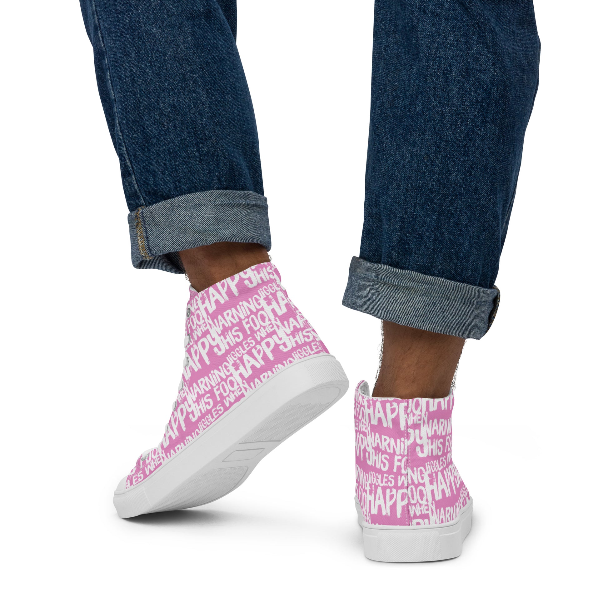 Walking in mens HappyStuff high tops canvas sneakers edgy print pink and white shoes Warning This Foot Jiggles When Happy