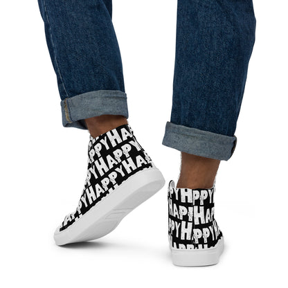 Mans feet wearing quality canvas High Top Sneakers fun black and white shoes Happy Sponge Printed HappyStuff High Tops