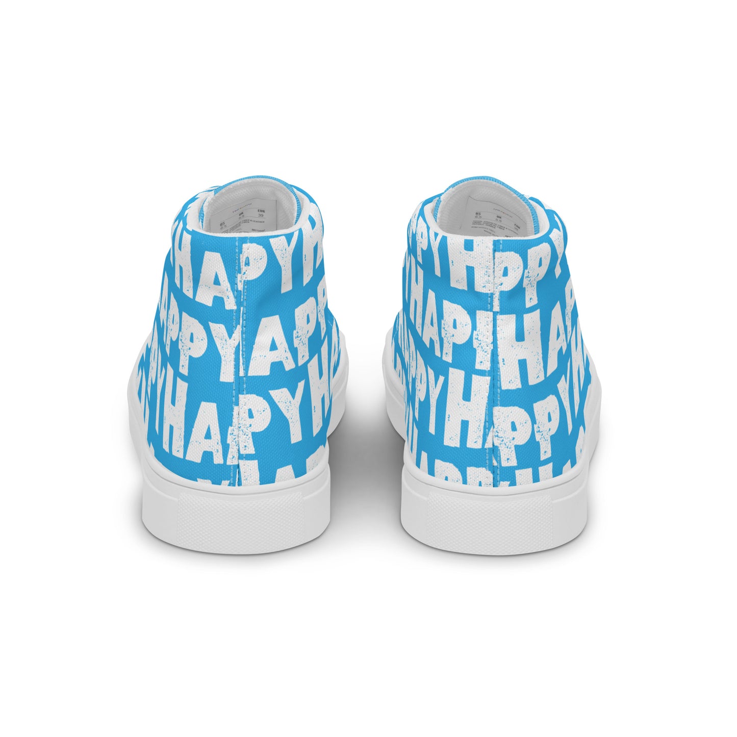 Rear view Fun Shoes Mens Sneakers blue shoes with white Happy Sponge Print High Tops HappyStuff brand