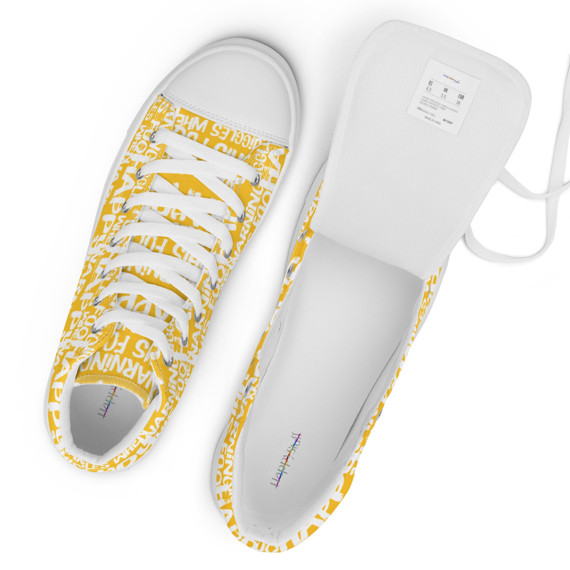 Top view mens sneakers and label HappyStuff yellow high tops with playful white print Warning This Foot Jiggles When Happy