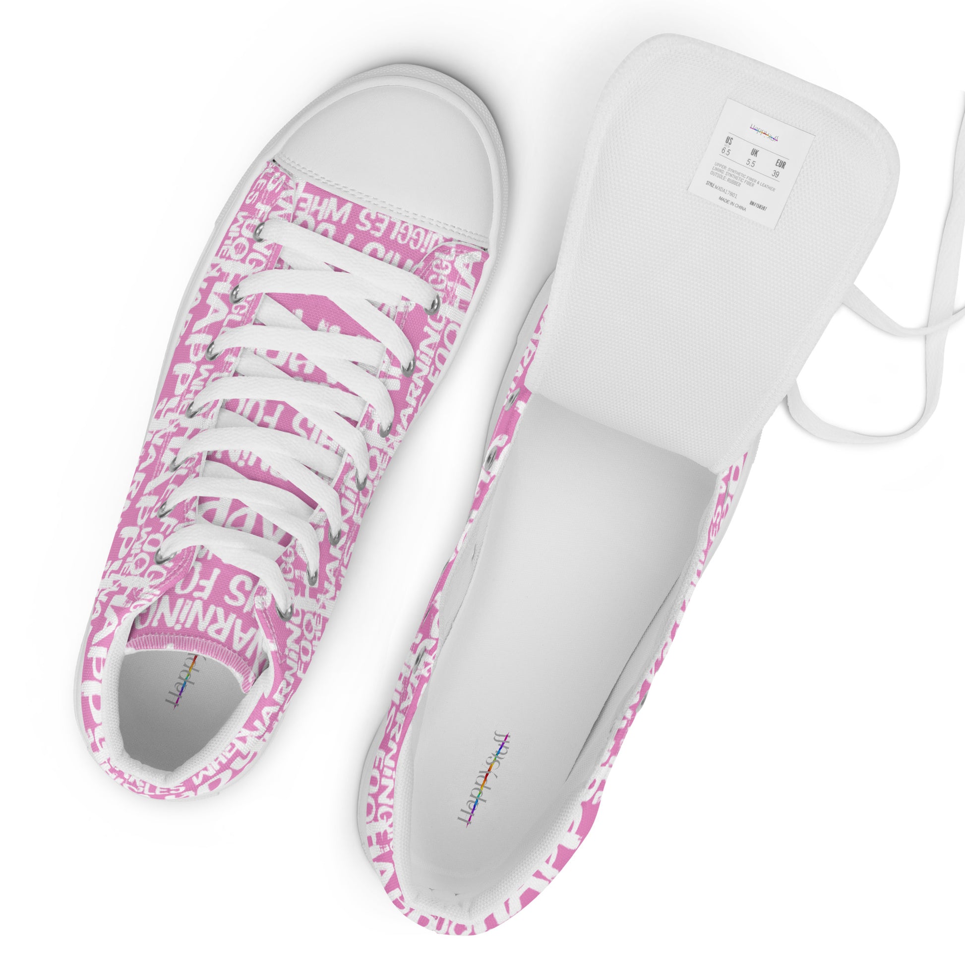 Top view mens sneakers and label HappyStuff pink high tops with playful white print Warning This Foot Jiggles When Happy