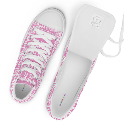 Top view mens sneakers and label HappyStuff pink high tops with playful white print Warning This Foot Jiggles When Happy