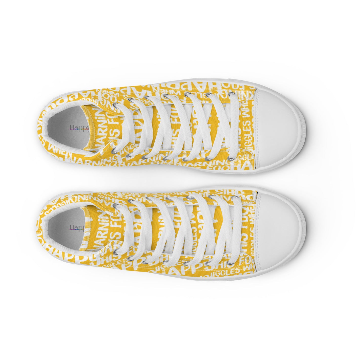 HappyStuff mens yellow high tops with playful white print Warning This Foot Jiggles When Happy top view laces faux leather toe cap