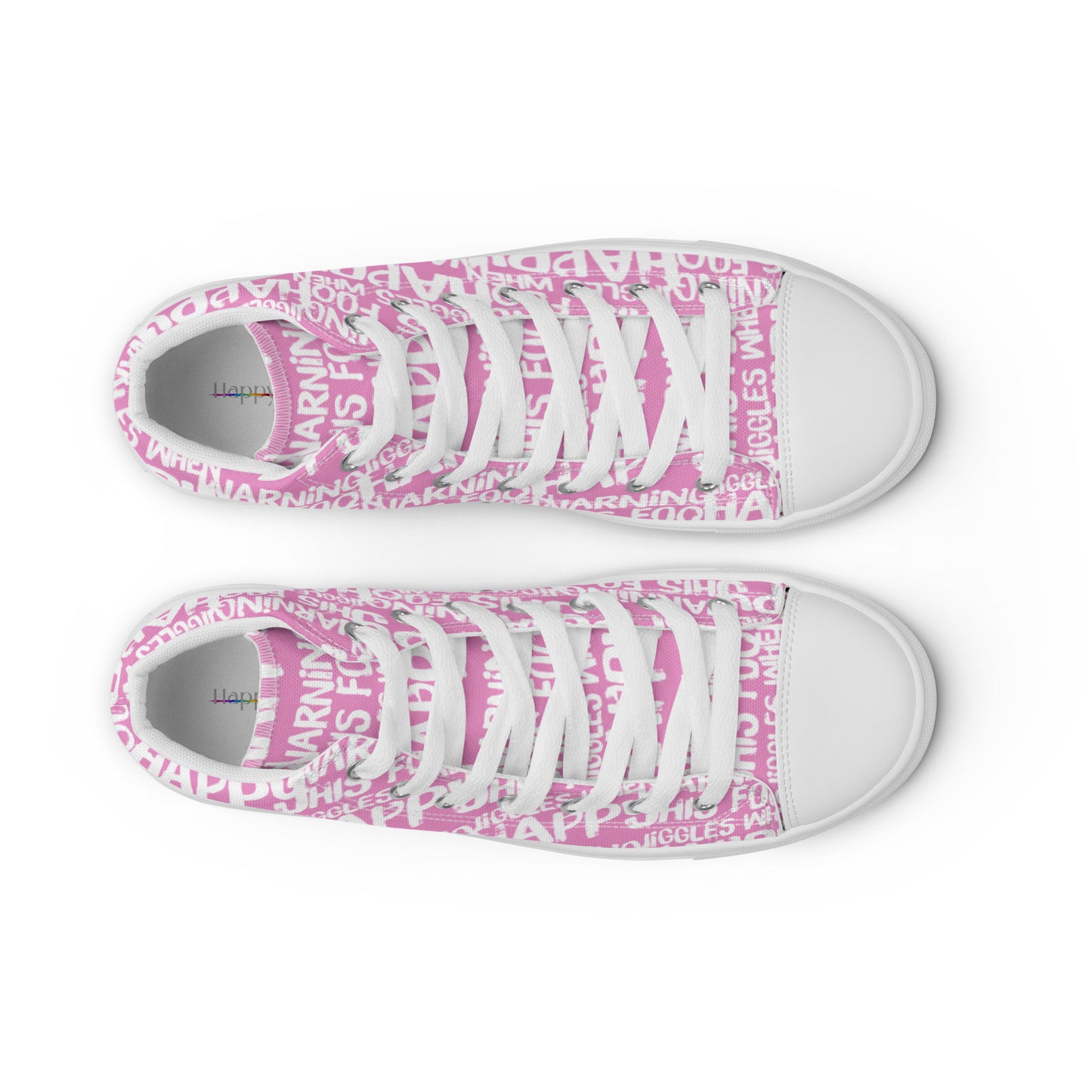 HappyStuff mens pink high tops with playful white print Warning This Foot Jiggles When Happy top view laces faux leather toe cap