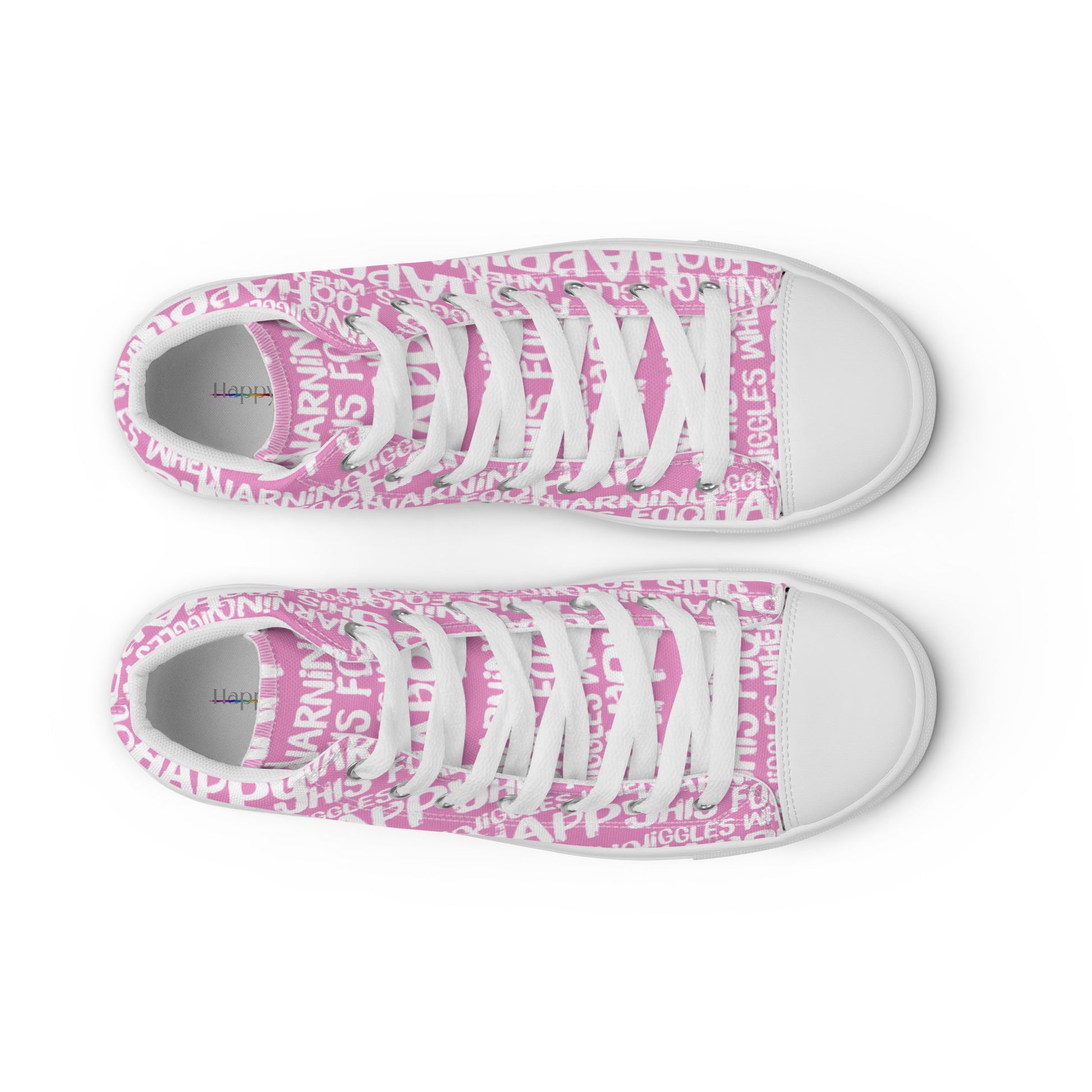 HappyStuff mens pink high tops with playful white print Warning This Foot Jiggles When Happy top view laces faux leather toe cap