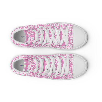 HappyStuff mens pink high tops with playful white print Warning This Foot Jiggles When Happy top view laces faux leather toe cap