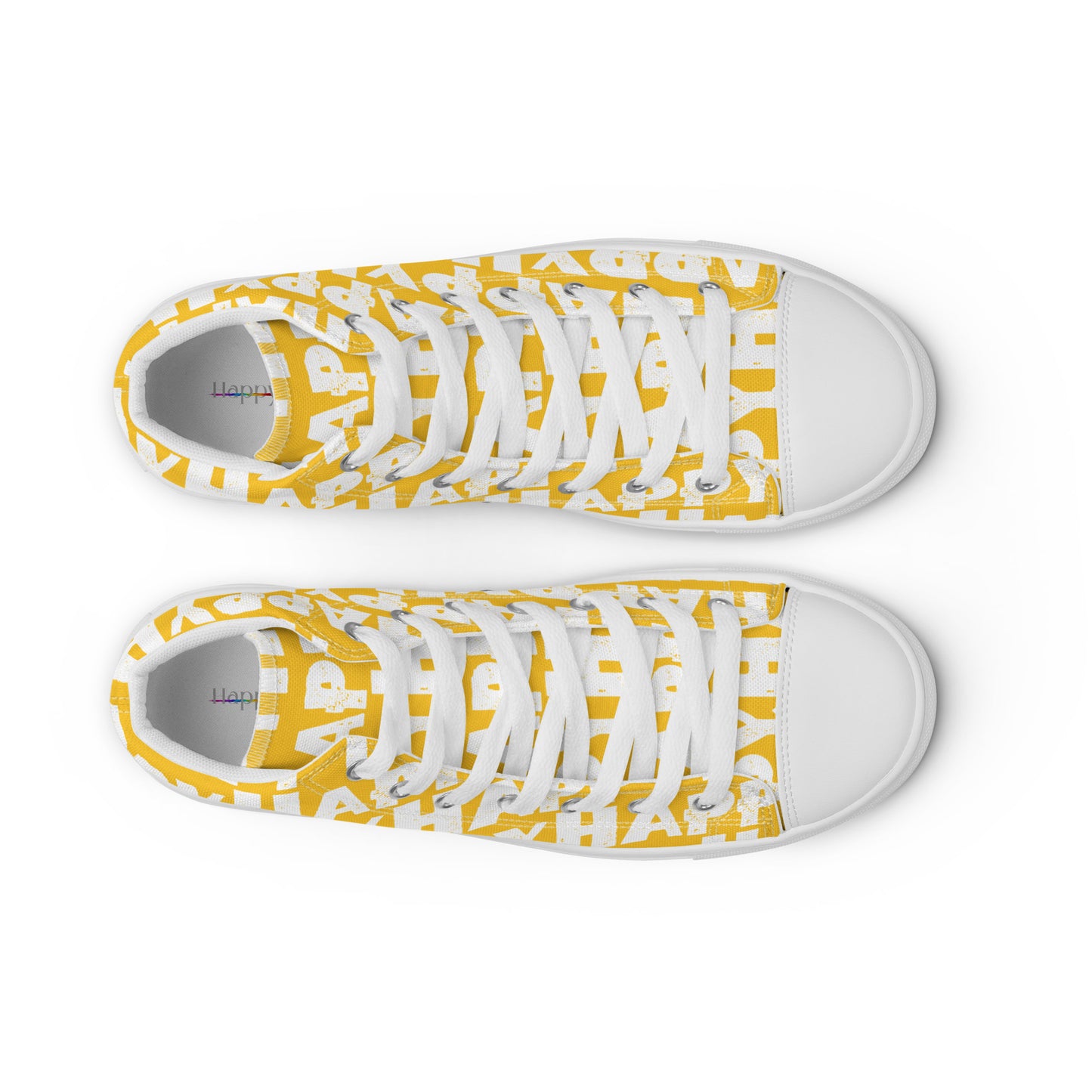 Top view Mens Sneakers yellow shoes with white Happy Sponge Print High Tops Faux Leather toe cap Fun Shoes HappyStuff brand