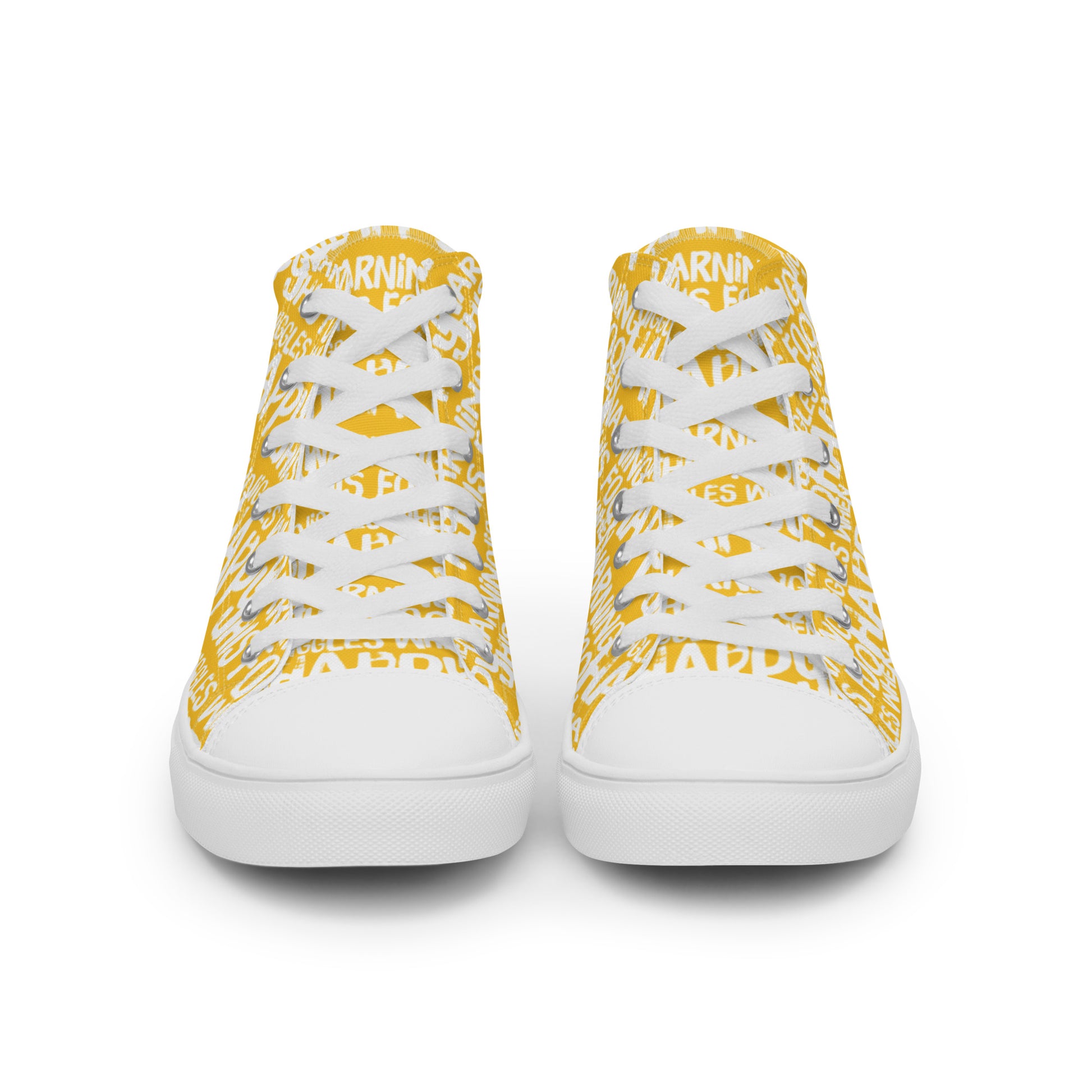 Front view laced up mens sneakers HappyStuff yellow high tops with playful white print Warning This Foot Jiggles When Happy