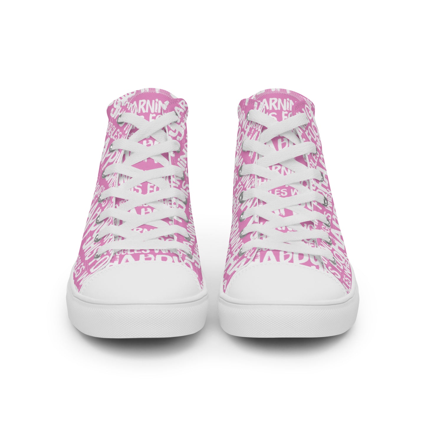 Front view laced up mens sneakers HappyStuff pink high tops with playful white print Warning This Foot Jiggles When Happy