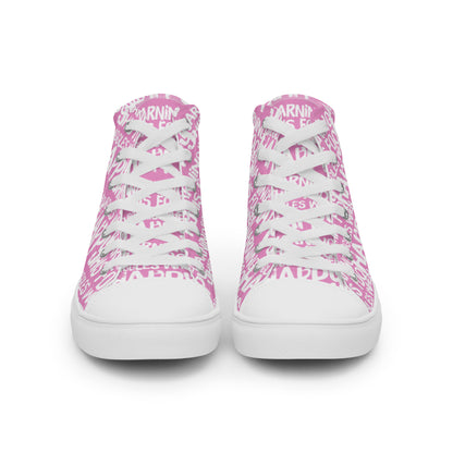 Front view laced up mens sneakers HappyStuff pink high tops with playful white print Warning This Foot Jiggles When Happy