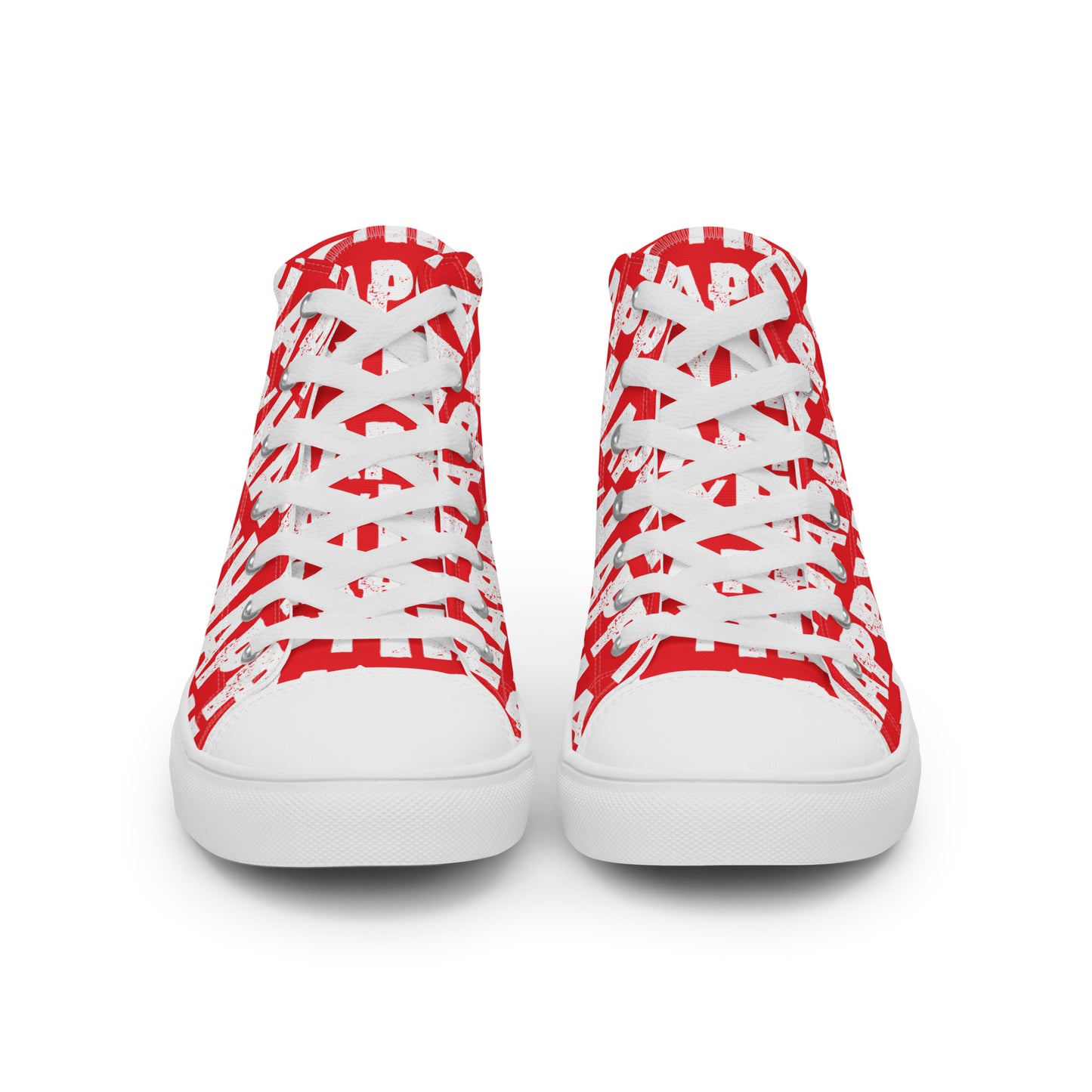 Front view Mens Sneakers red shoes white Happy Sponge Print High Tops Rubber outsole Faux Leather toe cap HappyStuff brand