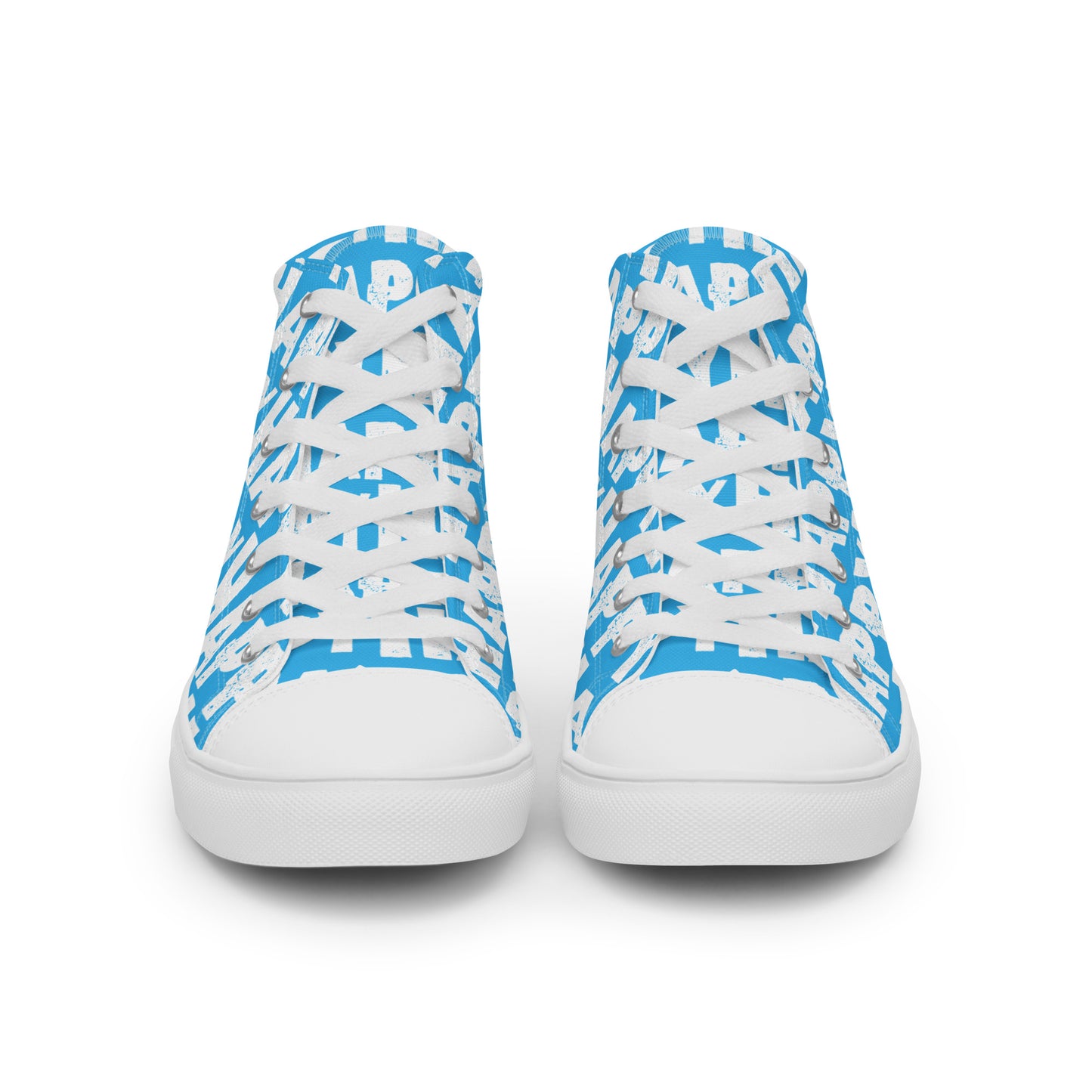 Front view Mens Sneakers blue shoes white Happy Sponge Print High Tops Rubber outsole Faux Leather toe cap HappyStuff brand