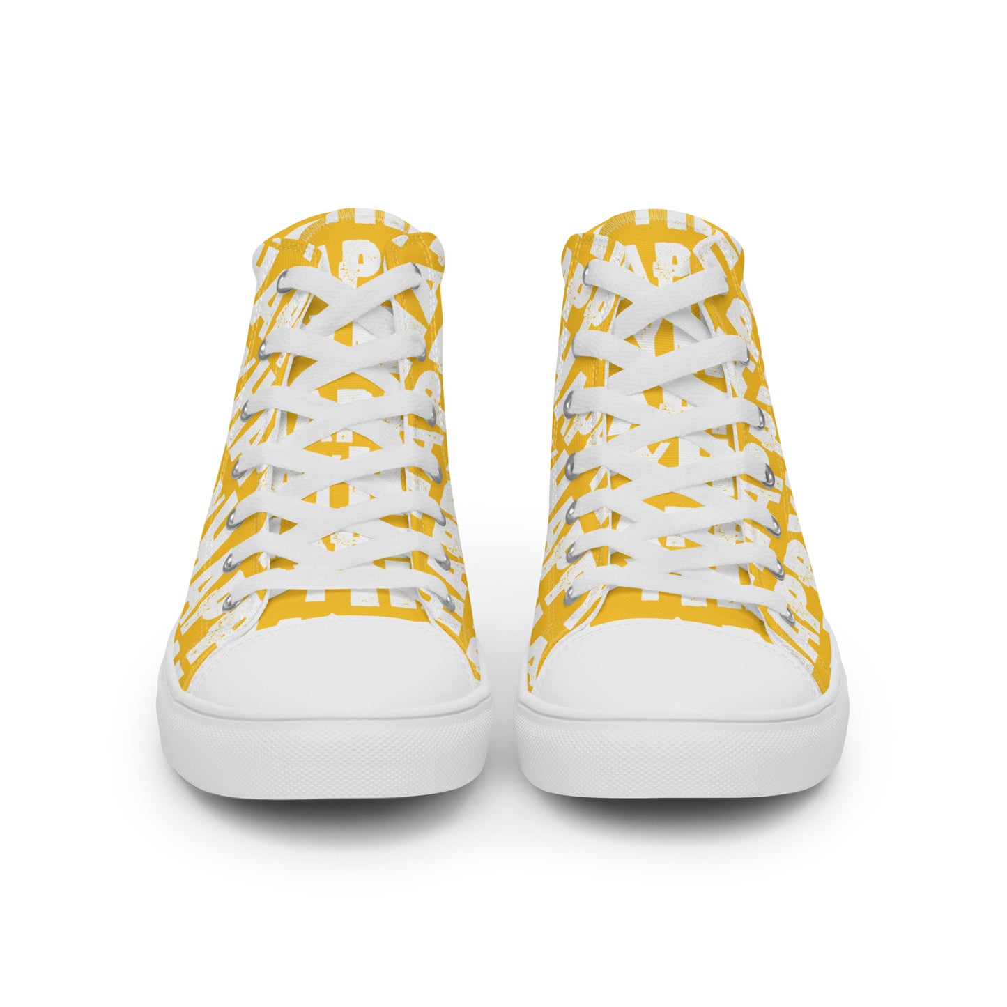 Front view Mens Sneakers yellow shoes white Happy Sponge Print High Tops Rubber outsole Faux Leather toe cap HappyStuff brand