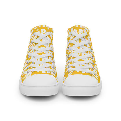 Front view Mens Sneakers yellow shoes white Happy Sponge Print High Tops Rubber outsole Faux Leather toe cap HappyStuff brand