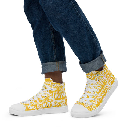 Walking left in mens HappyStuff high tops canvas sneakers edgy print yellow and white shoes Warning This Foot Jiggles When Happy