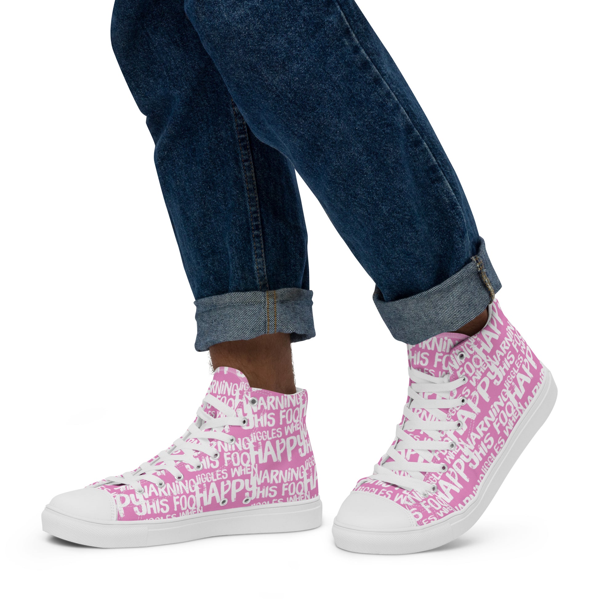 Walking left in mens HappyStuff high tops canvas sneakers edgy print pink and white shoes Warning This Foot Jiggles When Happy