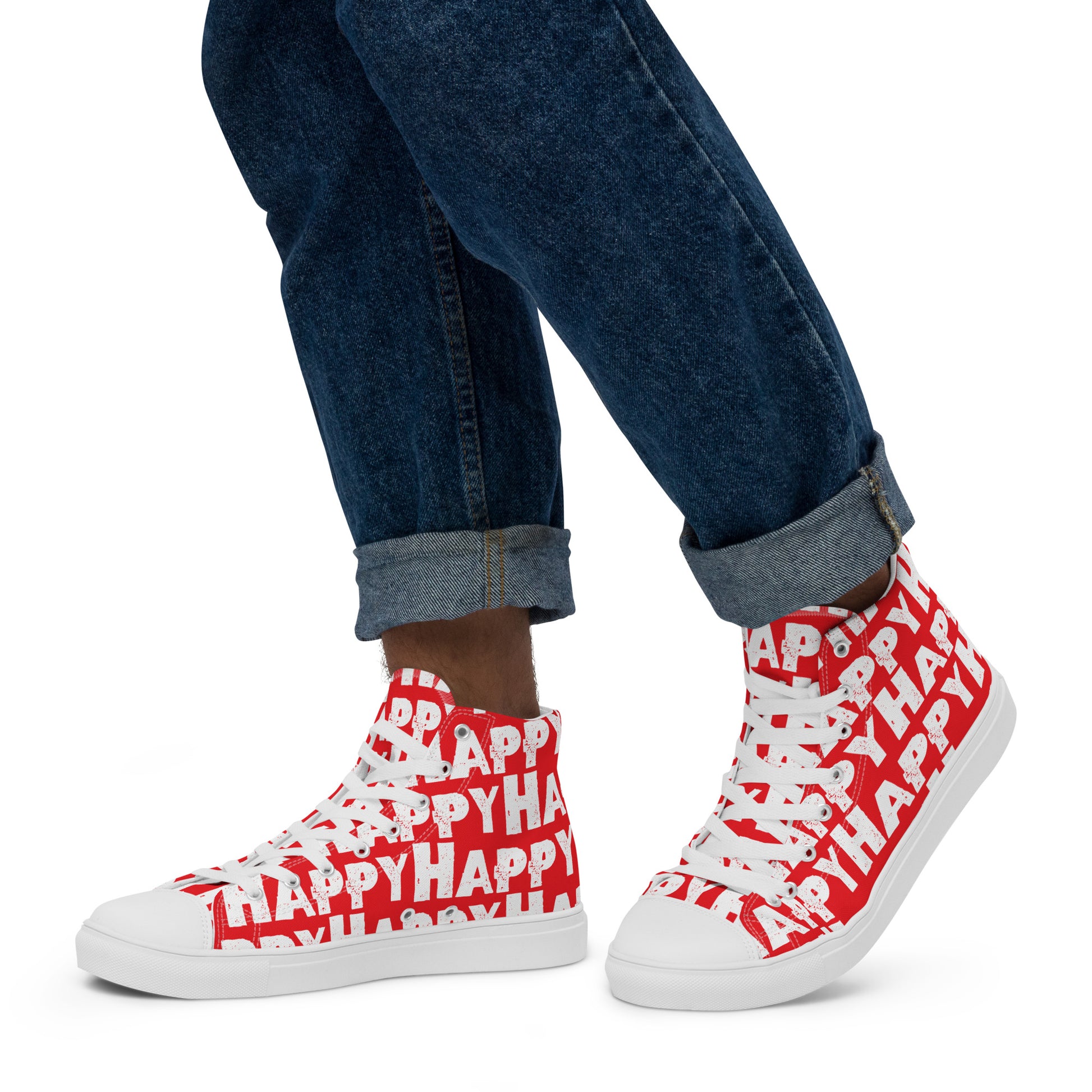 Mans feet wearing quality handmade High Tops left view fun red and white shoes Happy Sponge Printed HappyStuff brand