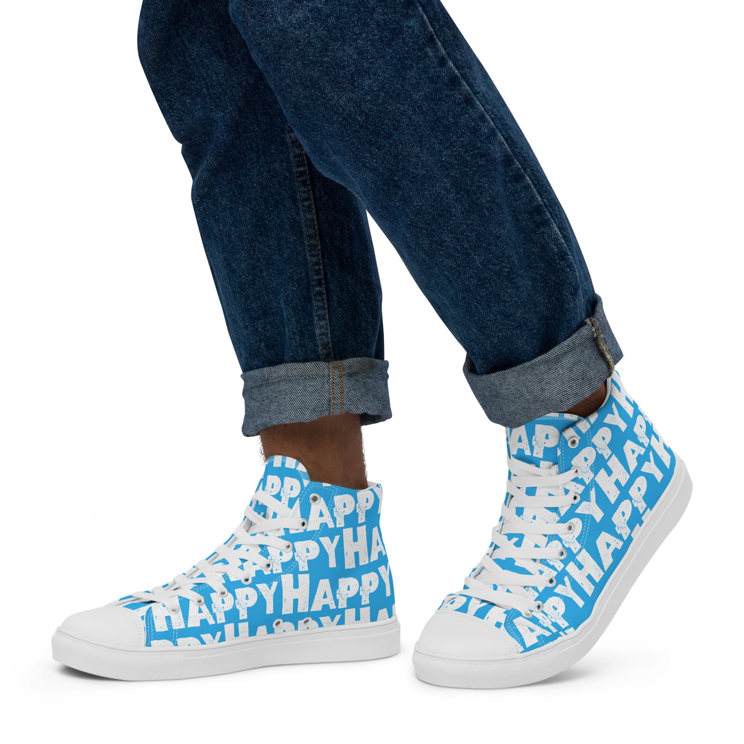 Mans feet wearing quality handmade High Tops left view fun blue and white shoes Happy Sponge Printed HappyStuff brand