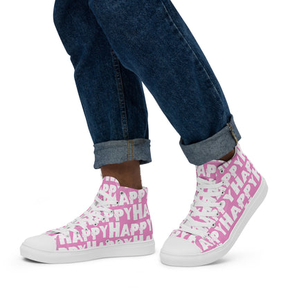 Mans feet wearing quality handmade High Tops left view fun pink and white shoes Happy Sponge Printed HappyStuff brand